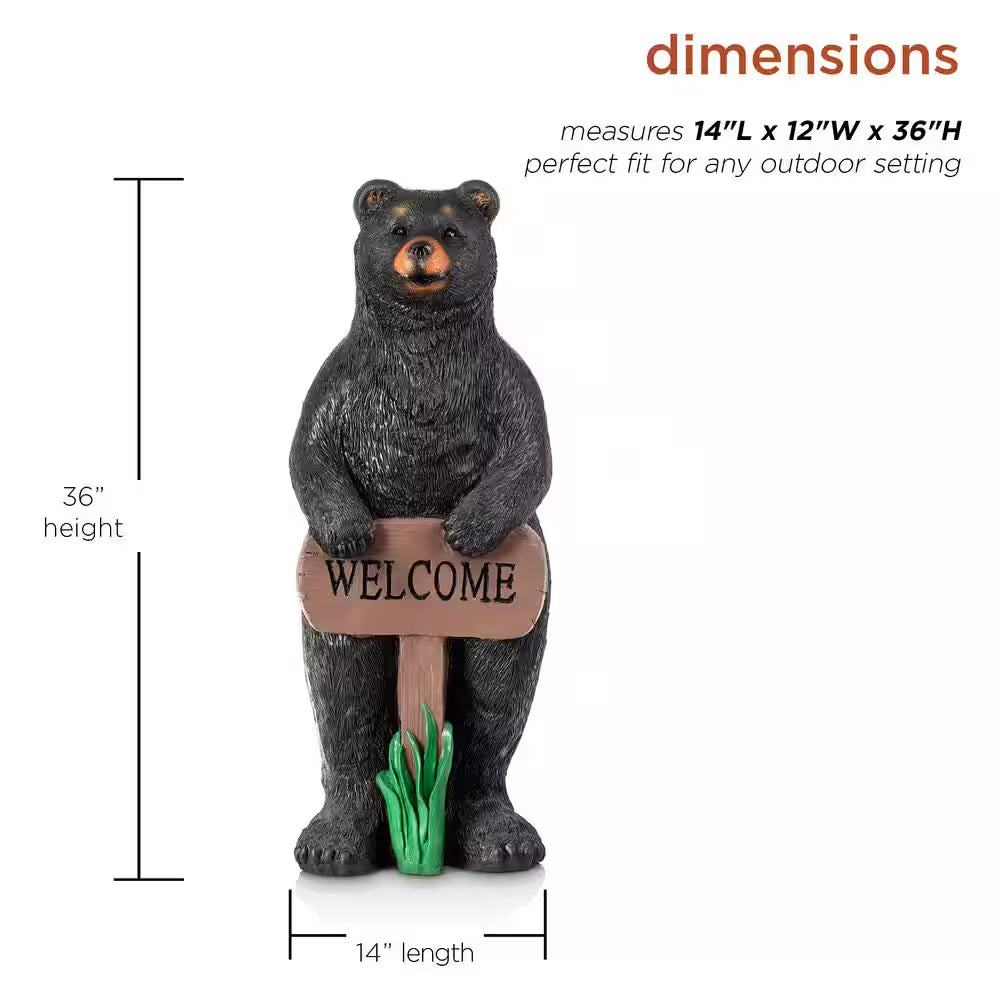 36 In. Tall Outdoor Standing Black Bear with Welcome Sign Yard Statue Decoration