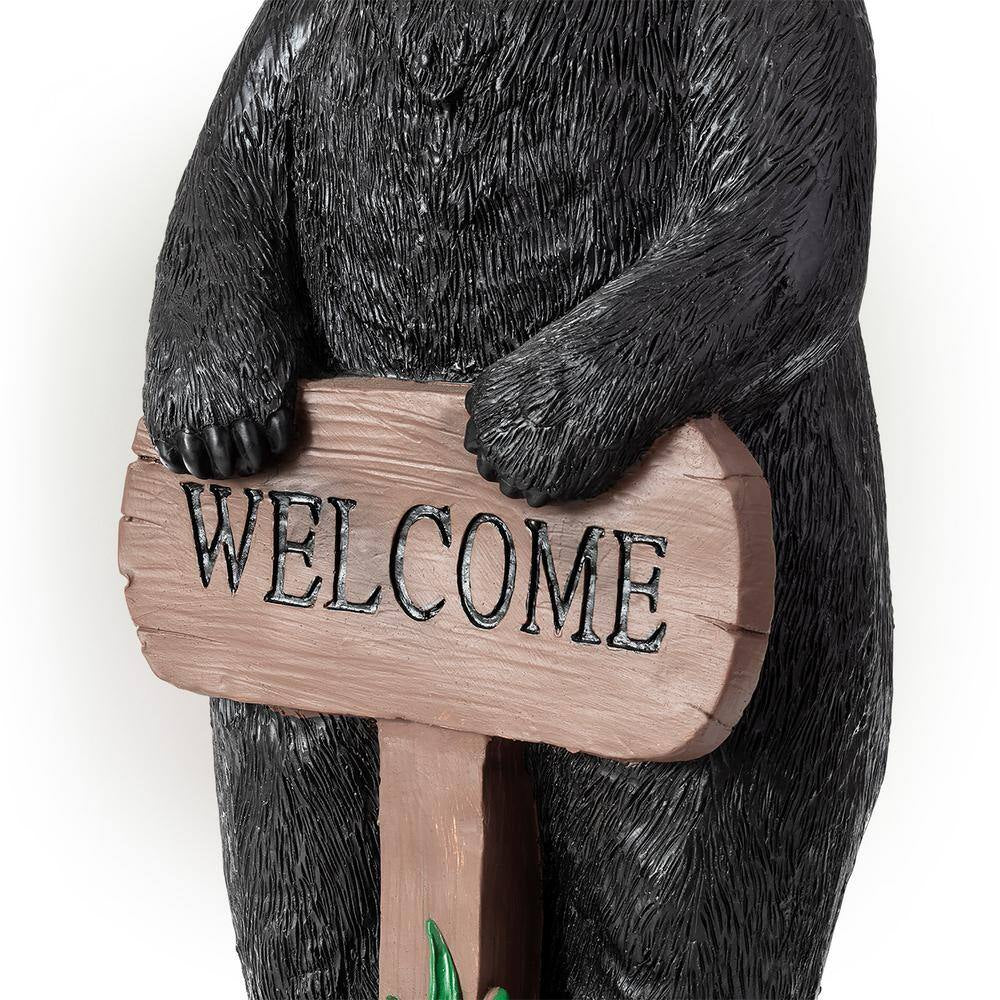 36 In. Tall Outdoor Standing Black Bear with Welcome Sign Yard Statue Decoration