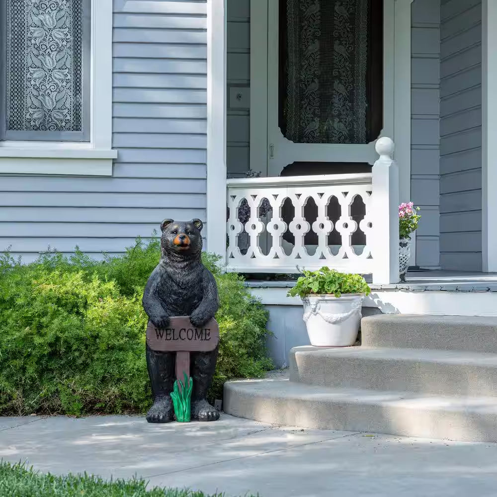 36 In. Tall Outdoor Standing Black Bear with Welcome Sign Yard Statue Decoration