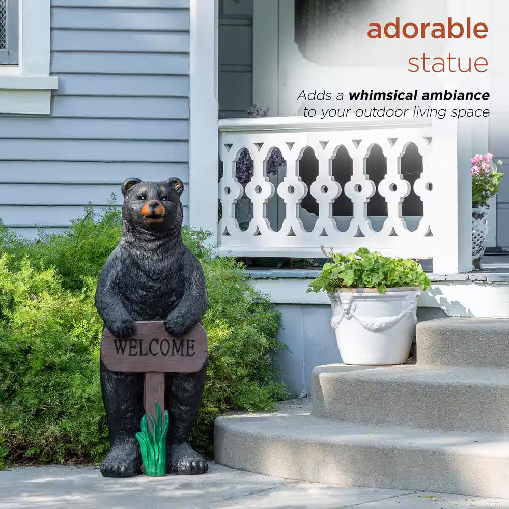 36 In. Tall Outdoor Standing Black Bear with Welcome Sign Yard Statue Decoration