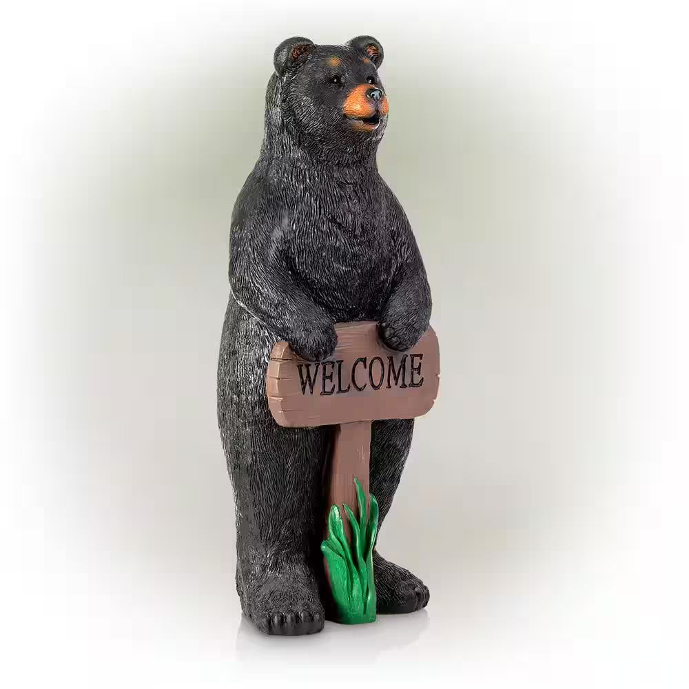 36 In. Tall Outdoor Standing Black Bear with Welcome Sign Yard Statue Decoration