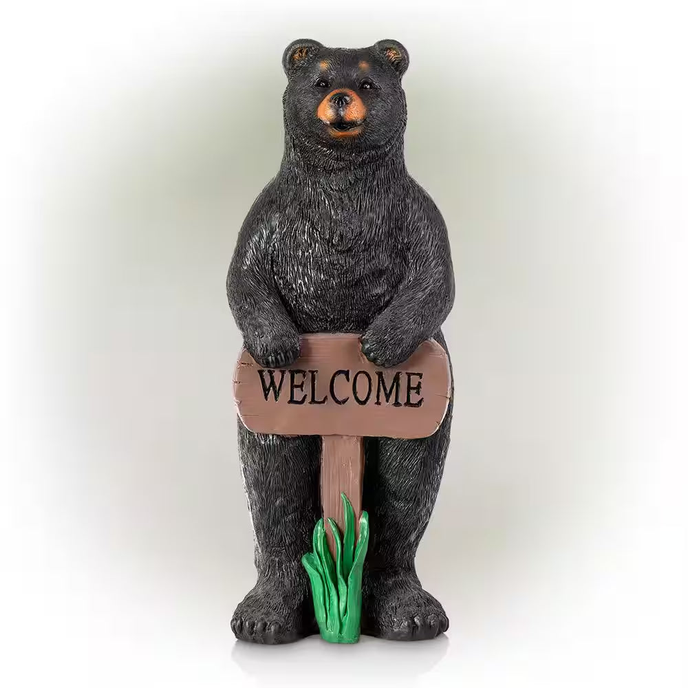 36 In. Tall Outdoor Standing Black Bear with Welcome Sign Yard Statue Decoration
