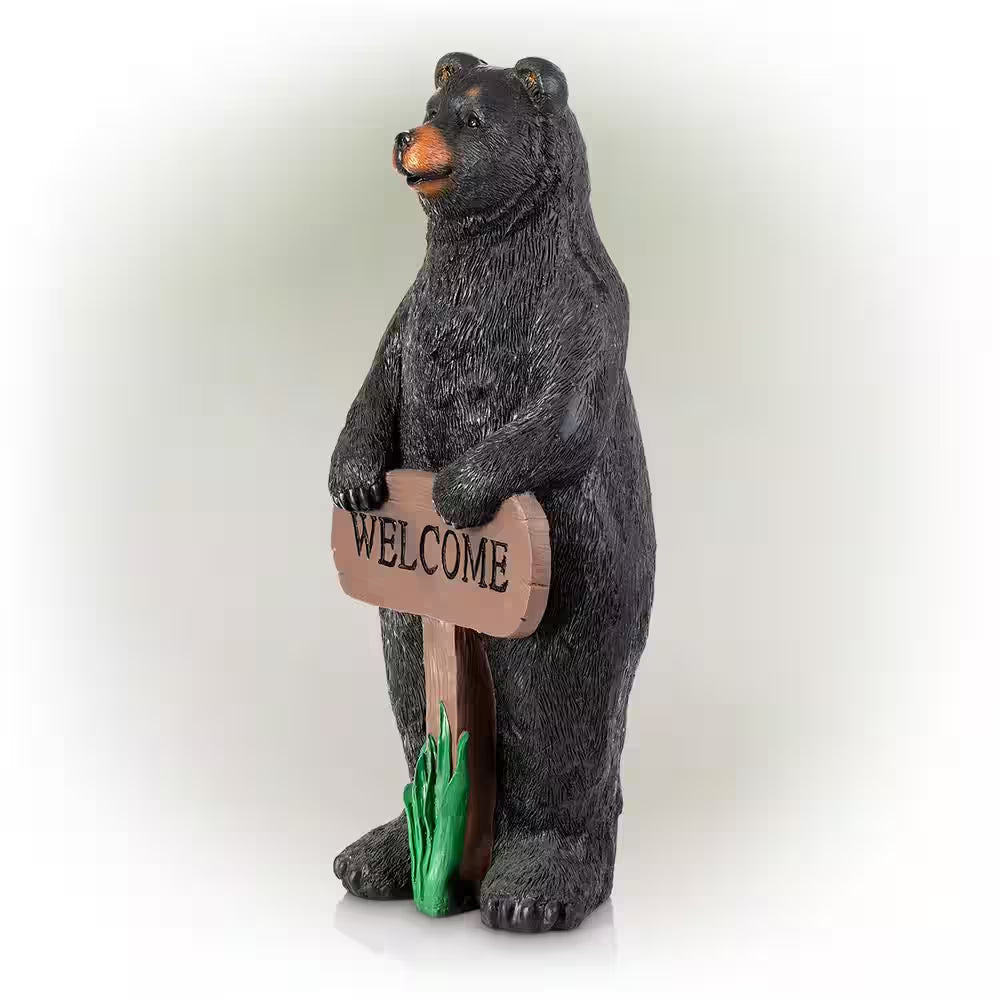 36 In. Tall Outdoor Standing Black Bear with Welcome Sign Yard Statue Decoration