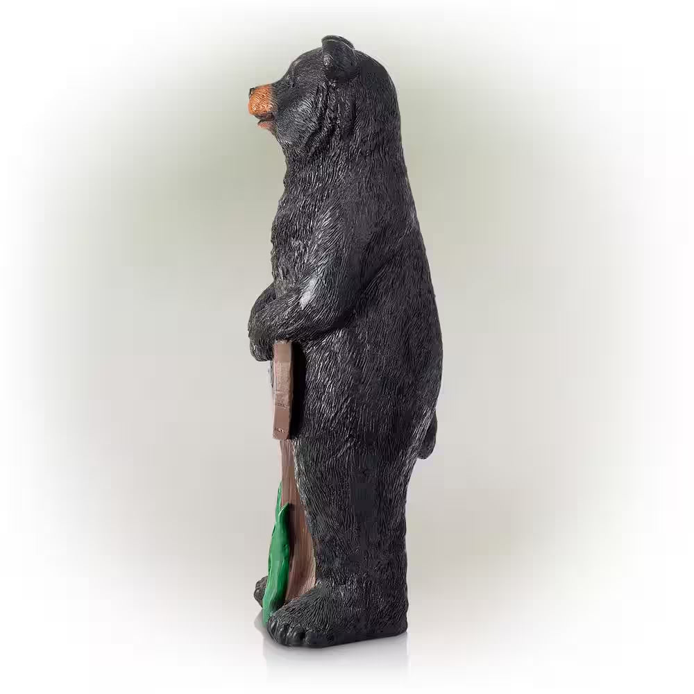 36 In. Tall Outdoor Standing Black Bear with Welcome Sign Yard Statue Decoration