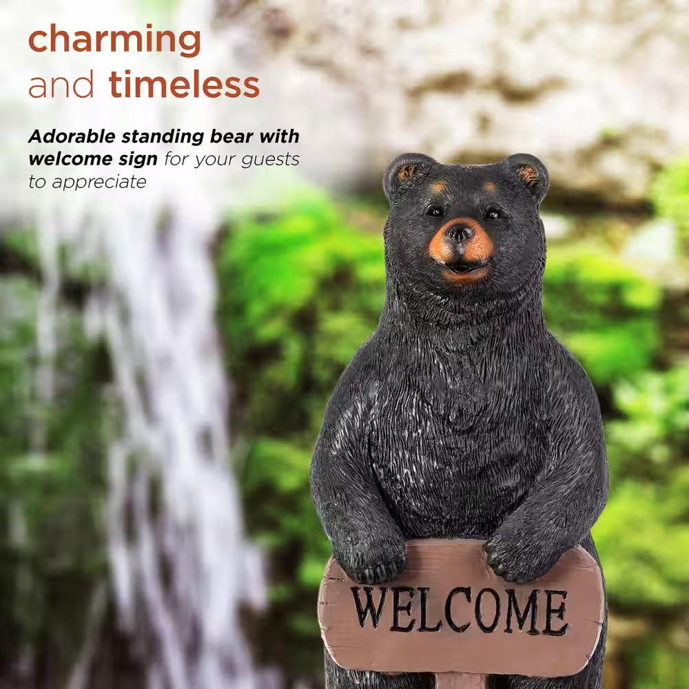 36 In. Tall Outdoor Standing Black Bear with Welcome Sign Yard Statue Decoration