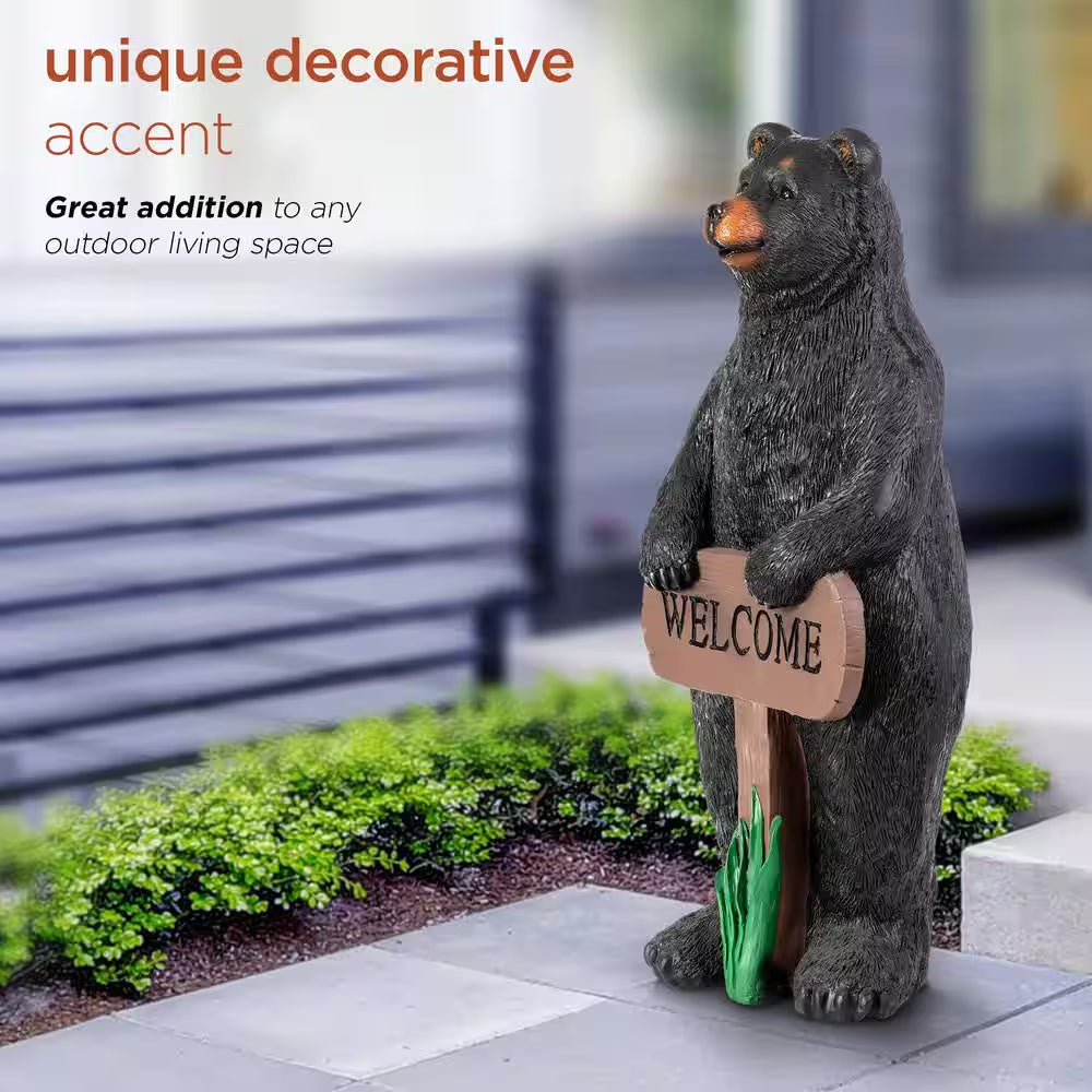 36 In. Tall Outdoor Standing Black Bear with Welcome Sign Yard Statue Decoration