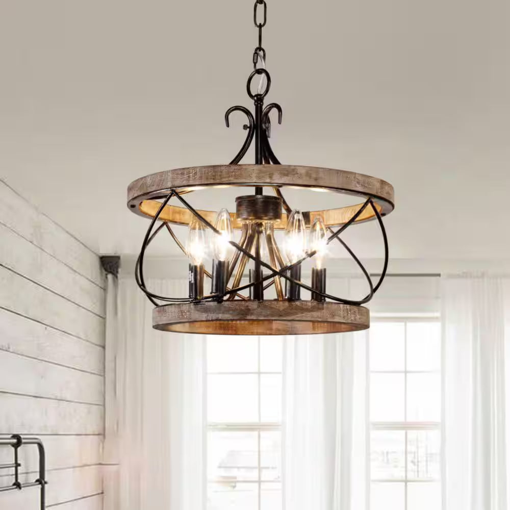 Farmhouse 5-Light Weathered Wood Cage Rustic Chandelier, Adjustable Height Industrial Pendant Dining Room Ceiling Light