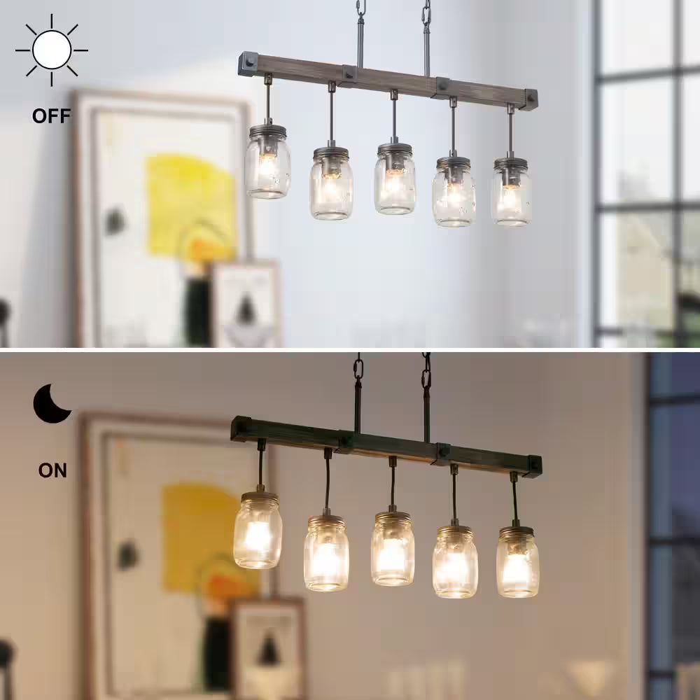 Morice Modern Farmhouse Linear Chandelier 5-Light Rustic Black Classic Mason Jar Island Pendant with Faux Wood Accent