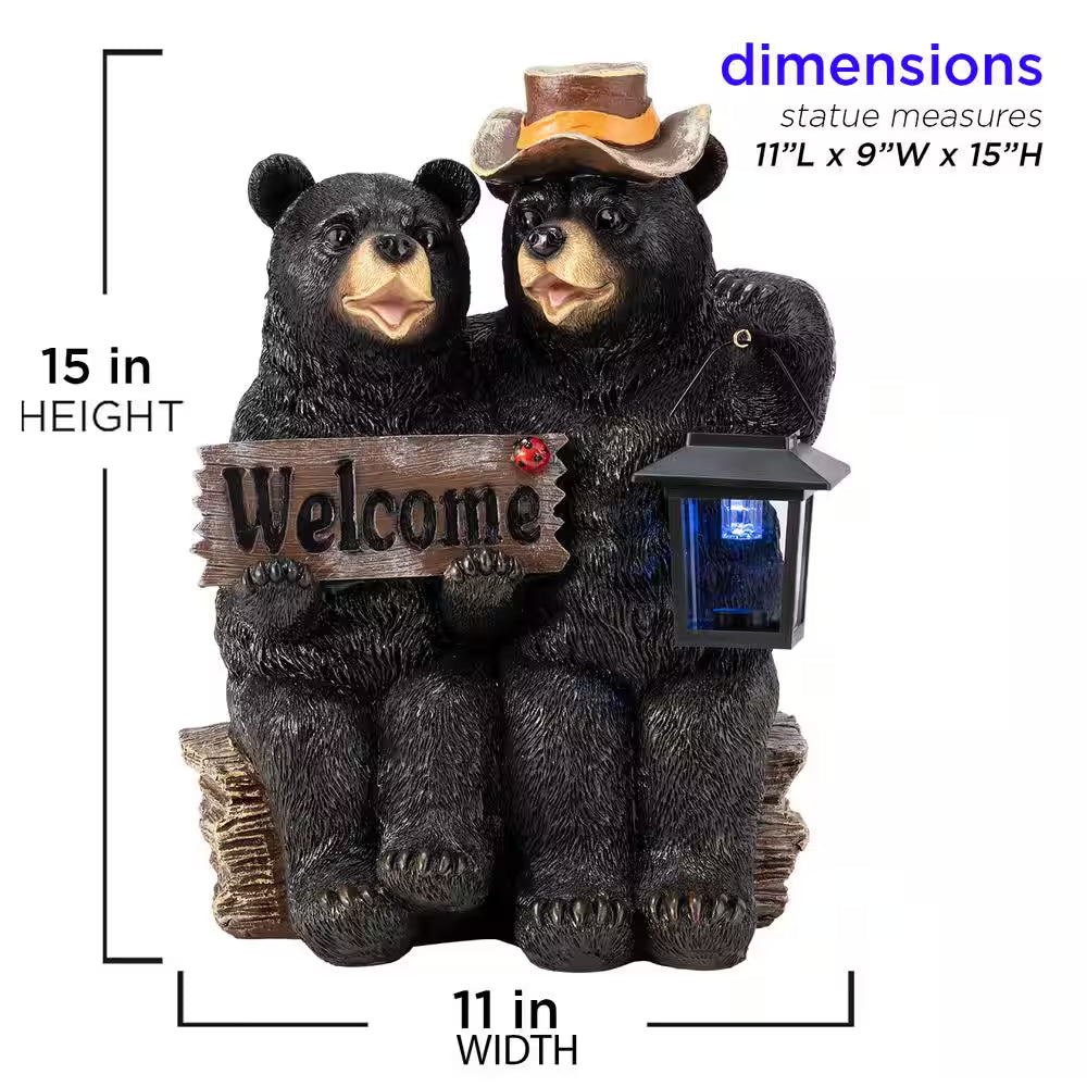 15 In. Tall Outdoor Bear Couple with Lantern and Welcome Sign Statue with Solar LED Light Yard Art Decoration
