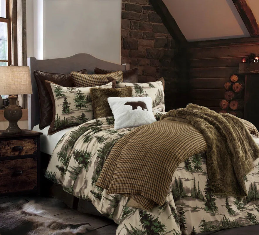 Joshua Cream, Green and Brown Pine Tree Print Western Lodge Rustic Cabin Cotton Comforter Set