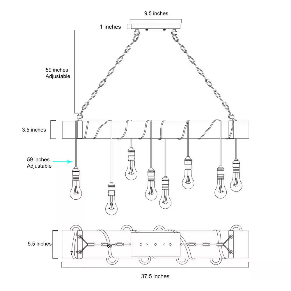 37.5 in 8-Light Farmhouse Black and Wooden Linear Chandelier Rustic Island Pendant for Dining Room, LED Compatible