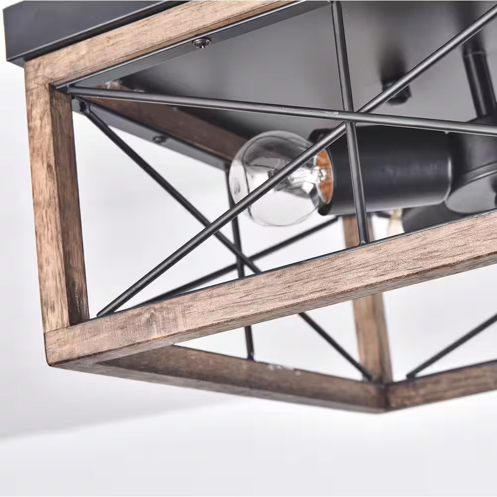 12.6 In. 4-Light Farmhouse Rustic Square Wooden Flush Mount Ceiling