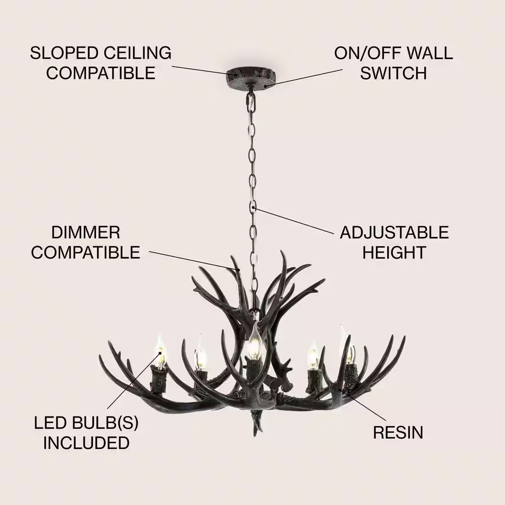 5-Light Black 30 In. Eldora Rustic Farmhouse Iron LED Chandelier