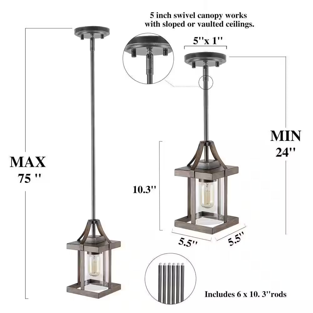 1-Light Rustic Caged Textured Dark Brown Farmhouse Pendant Light with Modern Clear Glass Shade and Antique Wood Accent