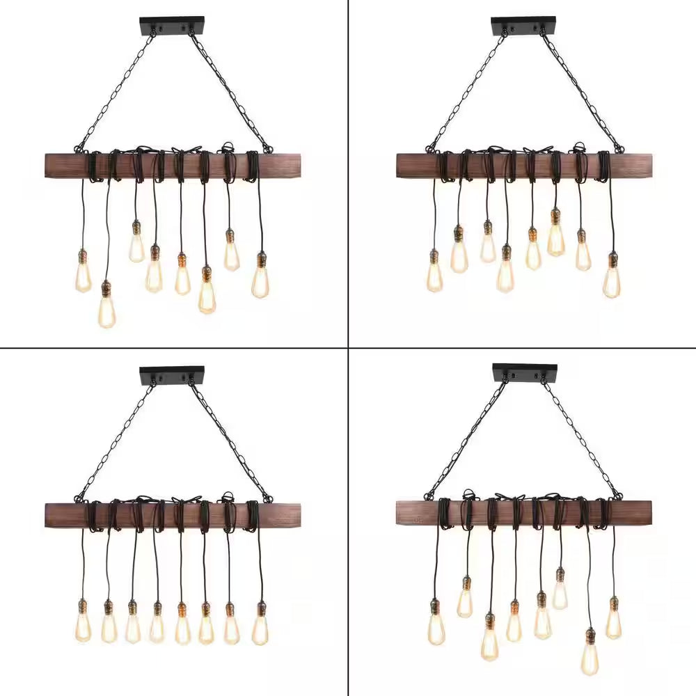 37.5 in 8-Light Farmhouse Black and Wooden Linear Chandelier Rustic Island Pendant for Dining Room, LED Compatible