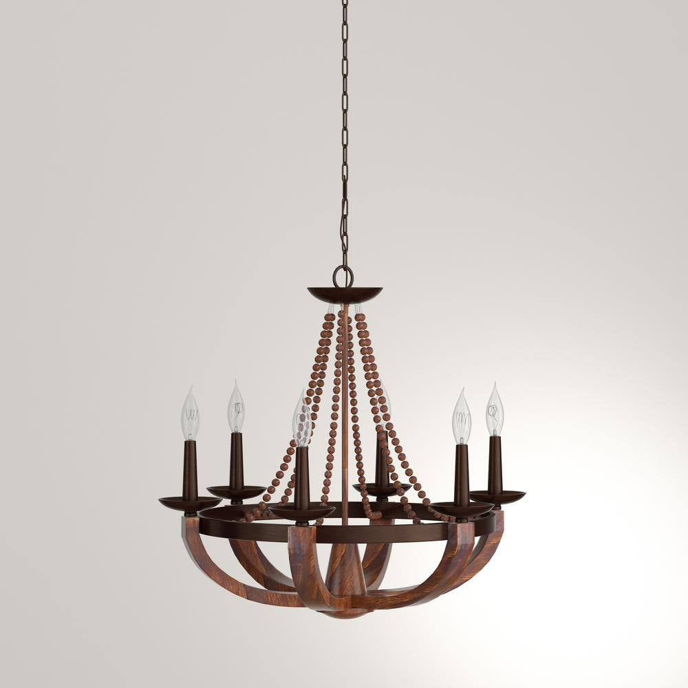 Adan 6-Light Rustic Iron/Burnished Wood Beaded Candlestick Hanging Chandelier with Carved Wood Bead Details
