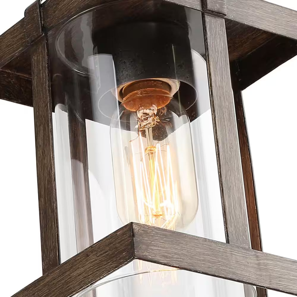 1-Light Rustic Caged Textured Dark Brown Farmhouse Pendant Light with Modern Clear Glass Shade and Antique Wood Accent