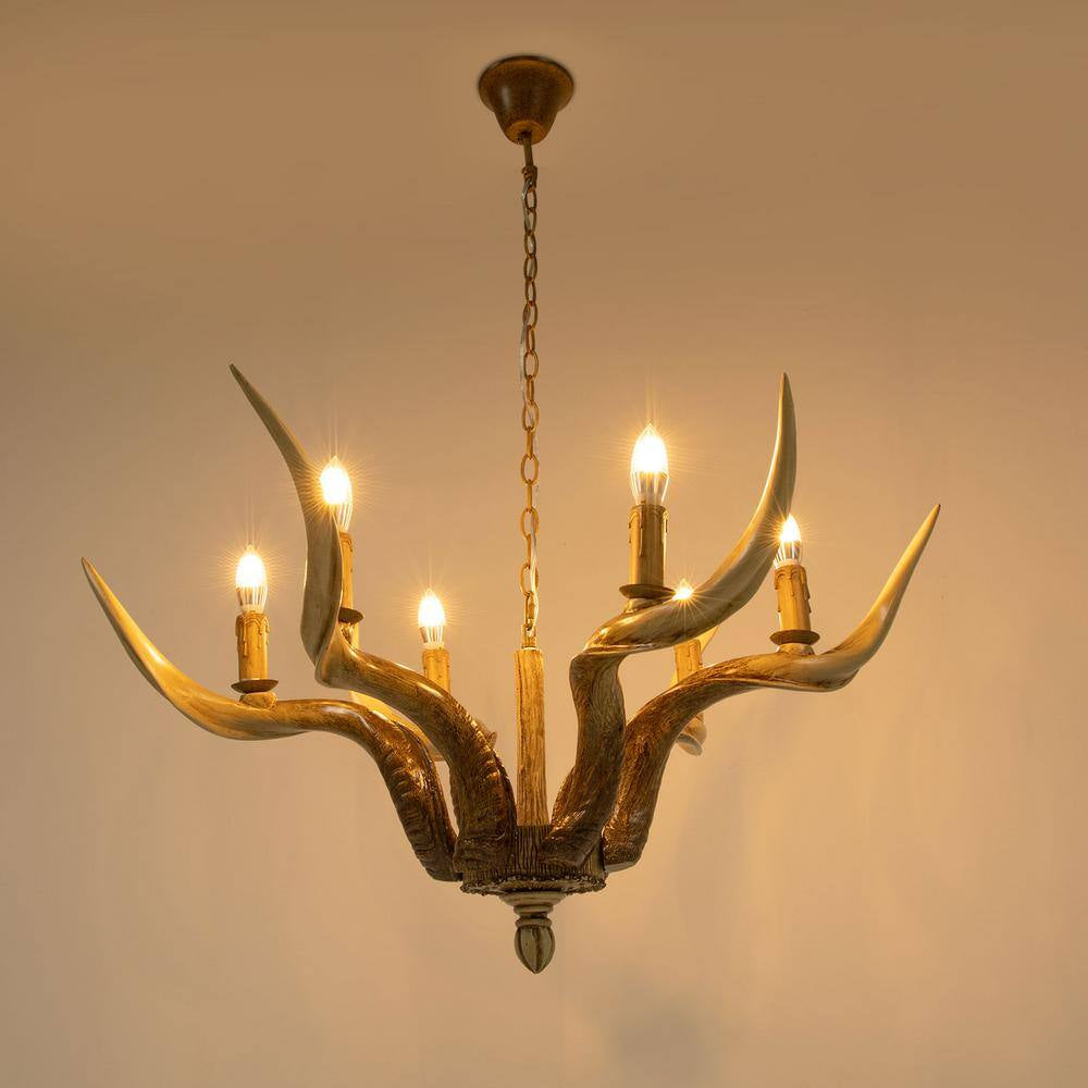 6-Light Brown Vintage Rustic Antler Chandelier with Adjustable Height for Living Room Dining Room, No Bulbs Included