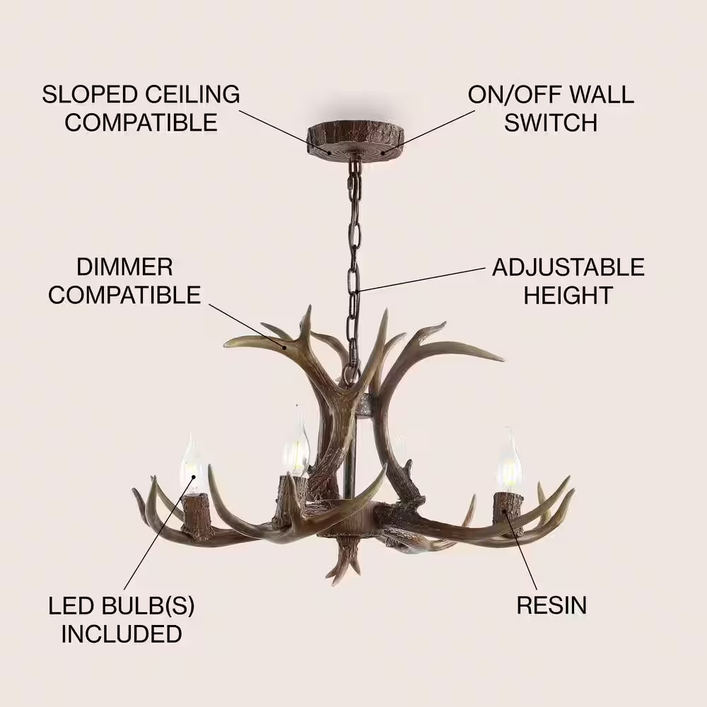 Eldora 26 In. Adjustable Resin Antler 4-Light Brown LED Chandelier