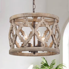 Lámpara de araña rústica de bronce con forma de tambor y pantalla de madera maciza, estilo candelabro clásico, colgante de 4 luces