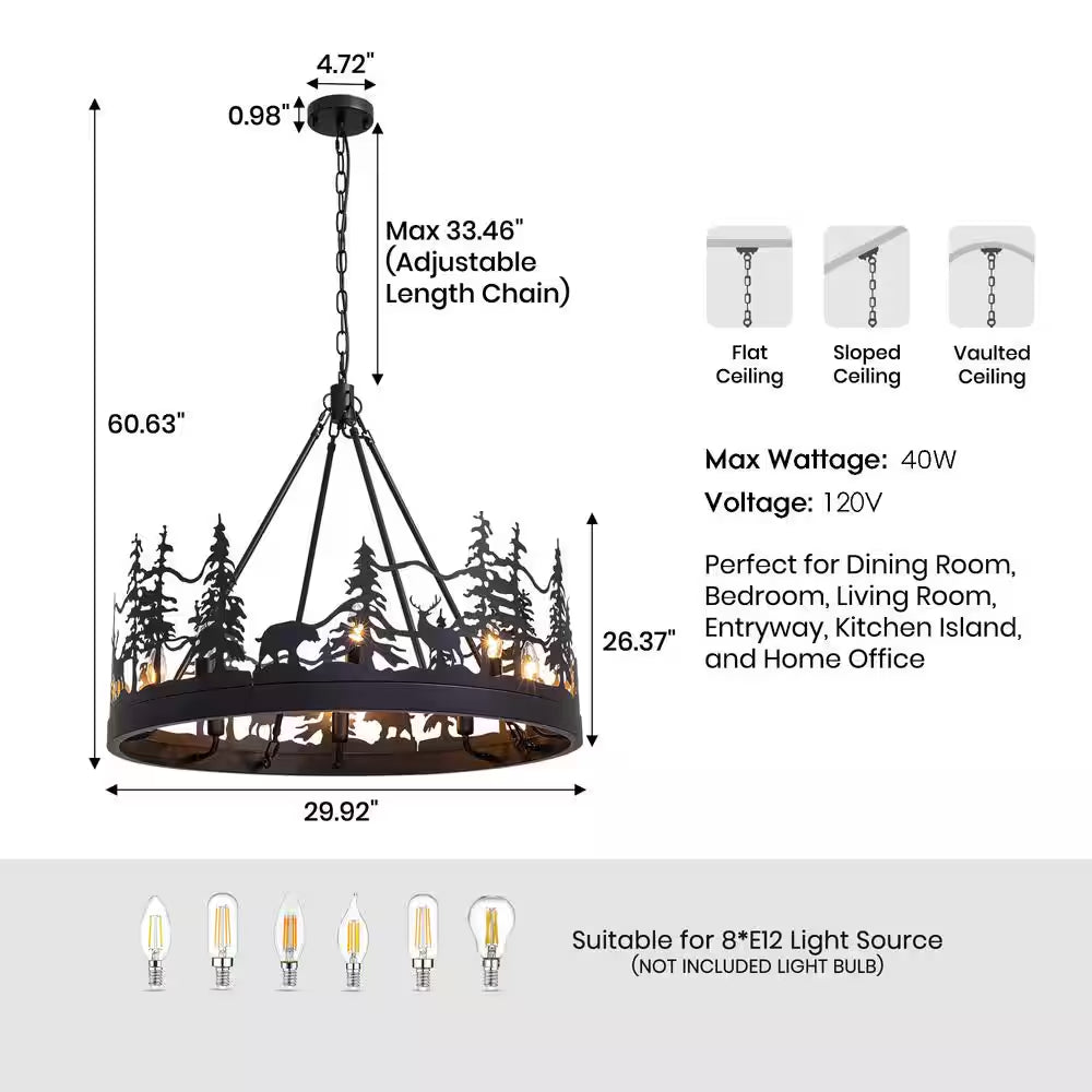 Christmas-Themed 30 In. 8-Light Matte Black Farmhouse Chandelier Pendant with Moose and Forest Design for Kitchen Island