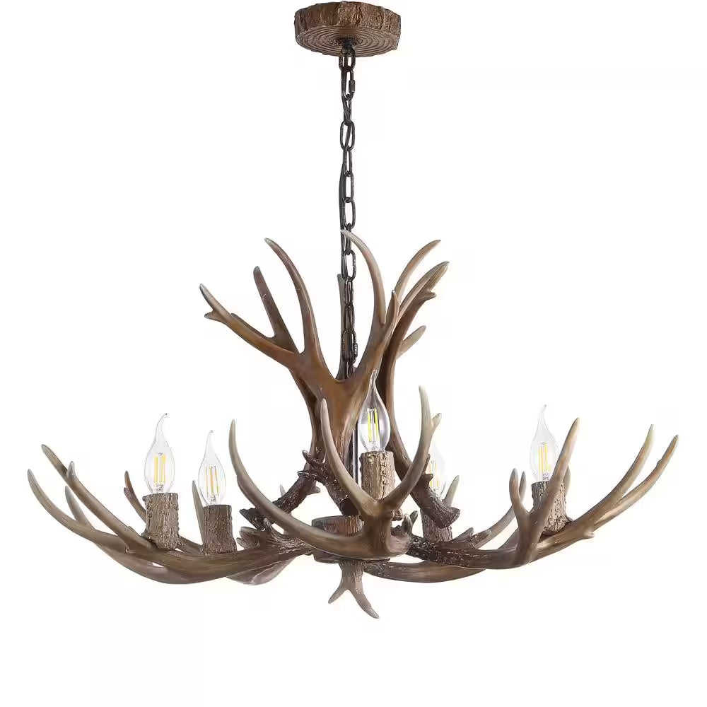 Eldora 30 In. Adjustable Resin Antler 5-Light Brown LED Chandelier