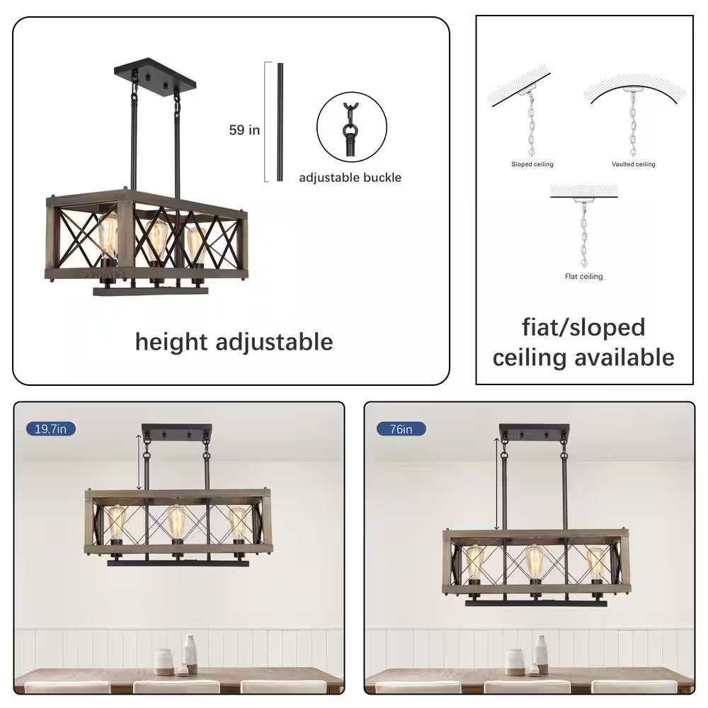 Farmhouse Wood 3-Light Black Chandelier Modern Rustic Linear Rectangle Cage Dining Room Kitchen Island Chandelier