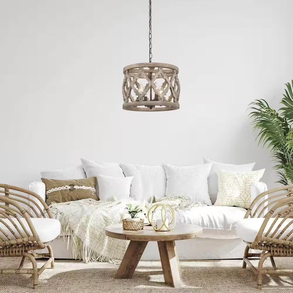 Rustic Bronze Farmhouse Drum Island Chandelier with Solid Wood Cage Shade Classic Candlestick Chandelier 4-Light Pendant