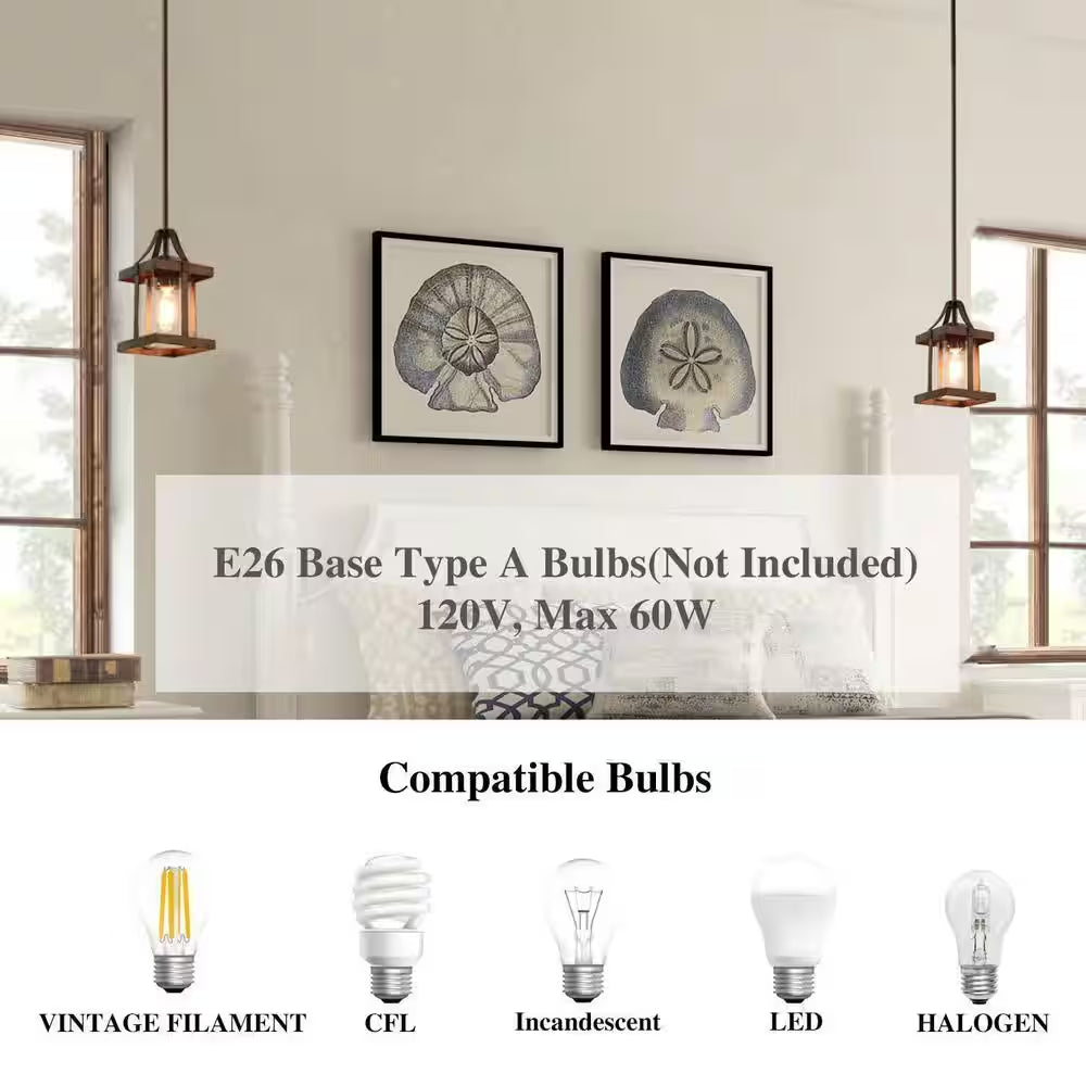 1-Light Rustic Caged Textured Dark Brown Farmhouse Pendant Light with Modern Clear Glass Shade and Antique Wood Accent