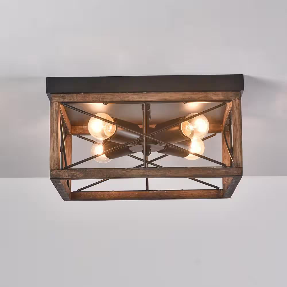 12.6 In. 4-Light Farmhouse Rustic Square Wooden Flush Mount Ceiling