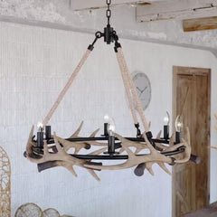 Lámpara de araña Breckenridge de 6 luces en bronce rústico con forma de asta y detalle de cuerda natural