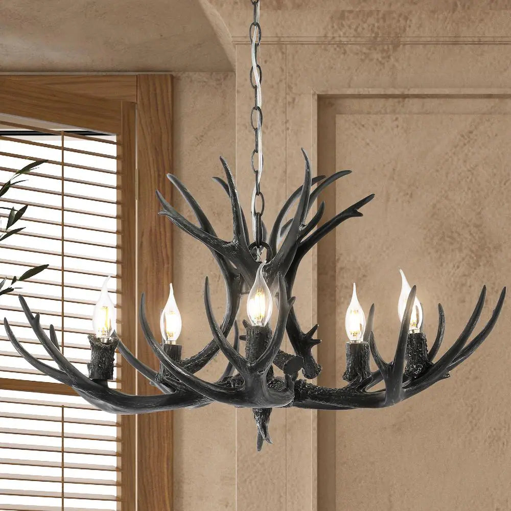 5-Light Black 30 In. Eldora Rustic Farmhouse Iron LED Chandelier