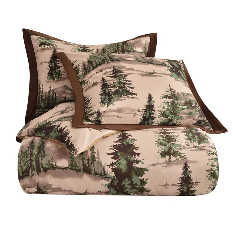 Joshua Cream, Green and Brown Pine Tree Print Western Lodge Rustic Cabin Cotton Comforter Set