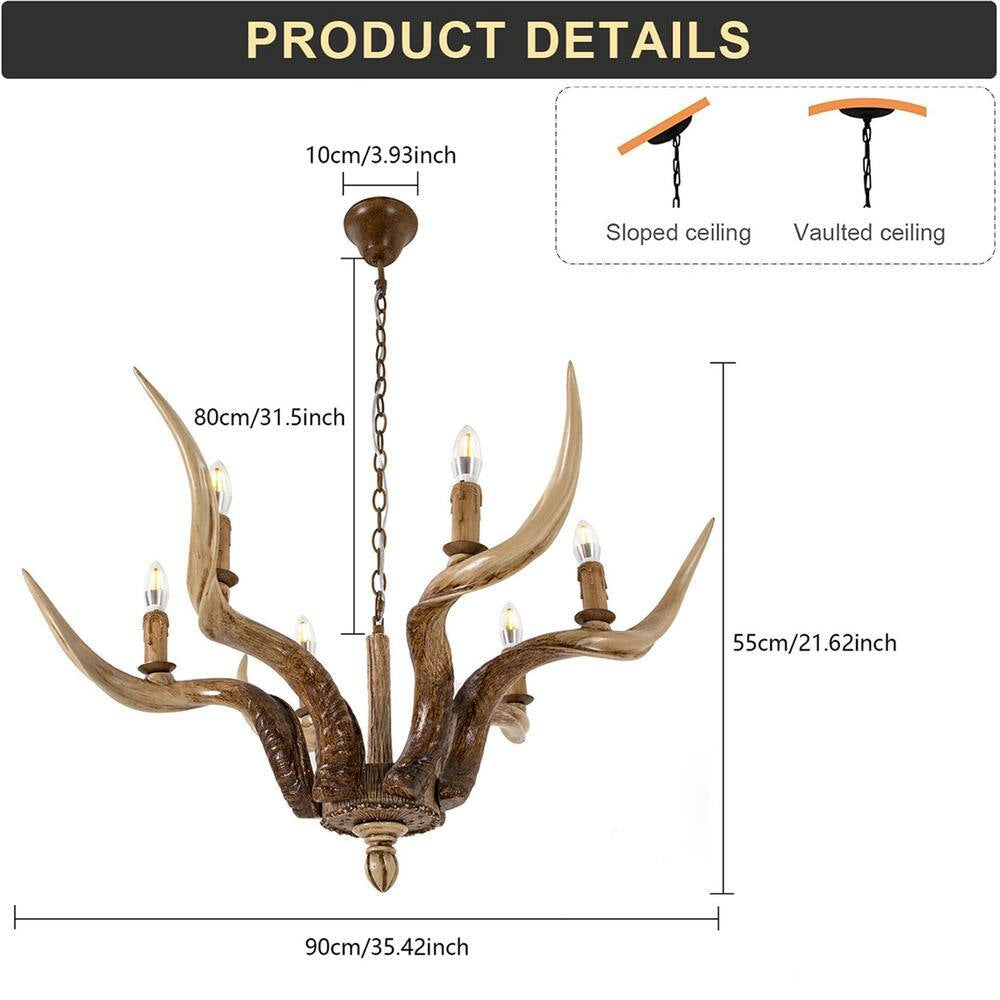 6-Light Brown Vintage Rustic Antler Chandelier with Adjustable Height for Living Room Dining Room, No Bulbs Included