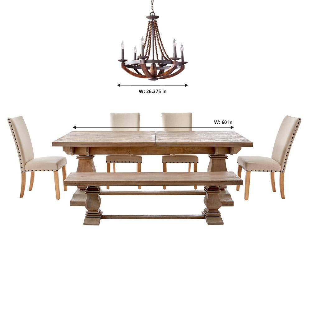 Adan 6-Light Rustic Iron/Burnished Wood Beaded Candlestick Hanging Chandelier with Carved Wood Bead Details