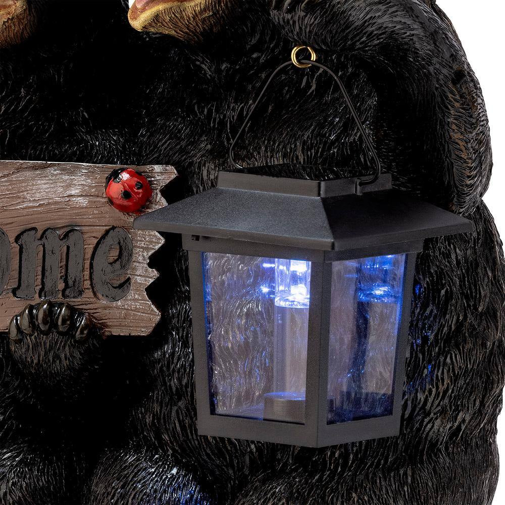 15 In. Tall Outdoor Bear Couple with Lantern and Welcome Sign Statue with Solar LED Light Yard Art Decoration