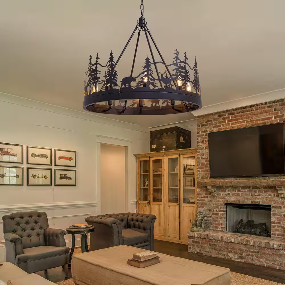 Christmas-Themed 30 In. 8-Light Matte Black Farmhouse Chandelier Pendant with Moose and Forest Design for Kitchen Island