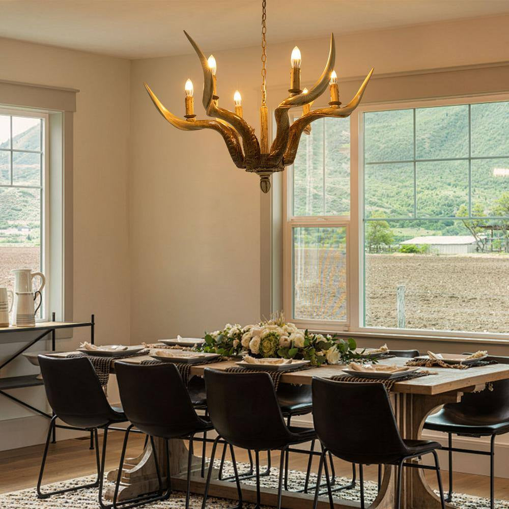 6-Light Brown Vintage Rustic Antler Chandelier with Adjustable Height for Living Room Dining Room, No Bulbs Included