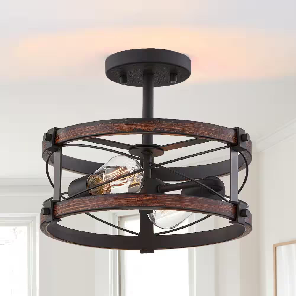 Richwood 15 In. 2-Light Black and Vintage Wood Rustic Semi-Flush Mount Ceiling Light