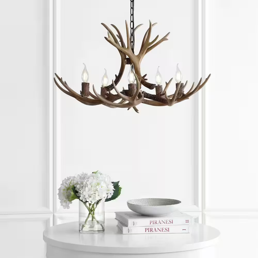 Eldora 30 In. Adjustable Resin Antler 5-Light Brown LED Chandelier