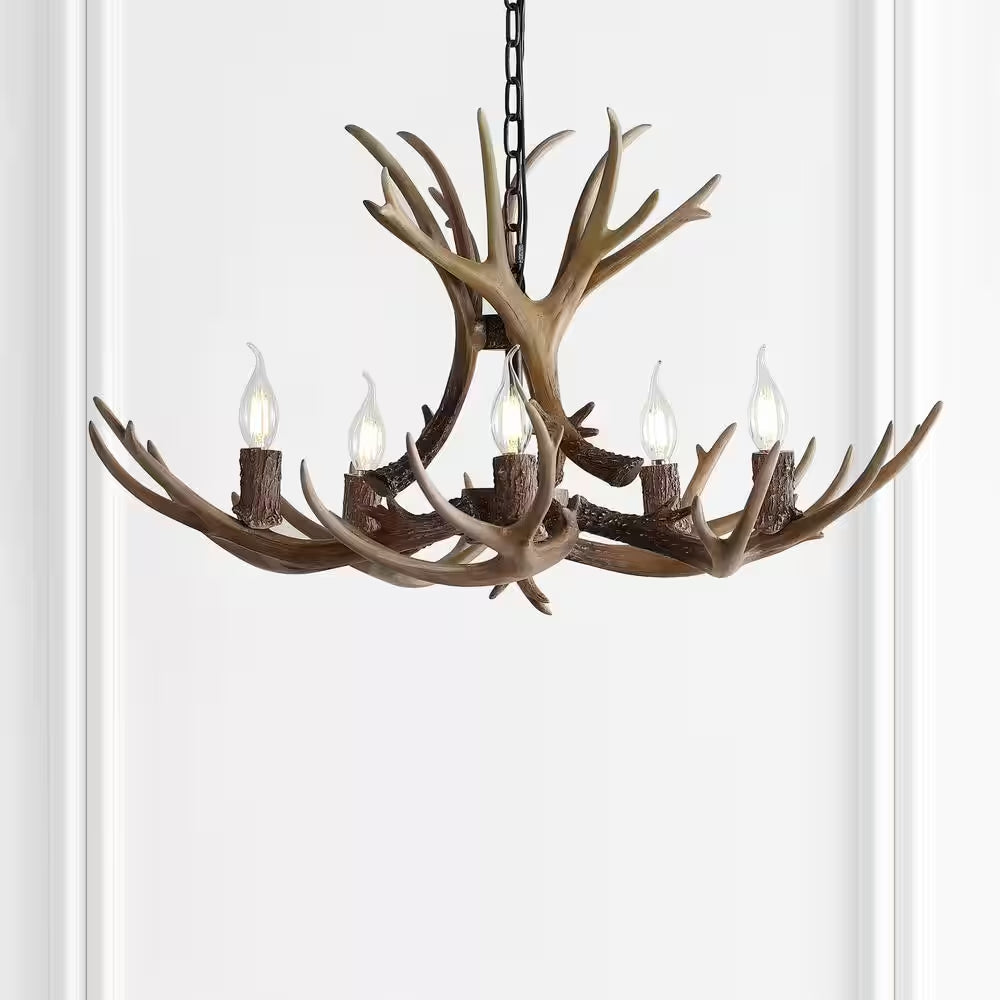 Eldora 30 In. Adjustable Resin Antler 5-Light Brown LED Chandelier