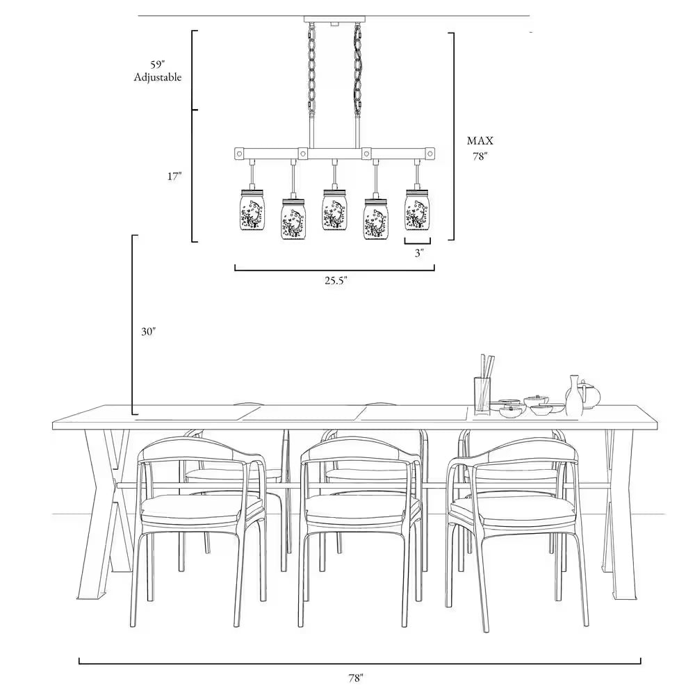 Morice Modern Farmhouse Linear Chandelier 5-Light Rustic Black Classic Mason Jar Island Pendant with Faux Wood Accent