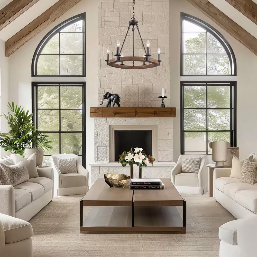 Farmhouse Wagon Wheel Chandelier, 6-Light Distressed Wood Circle Island Light, Rustic Bronze Dining Room Pendant Light
