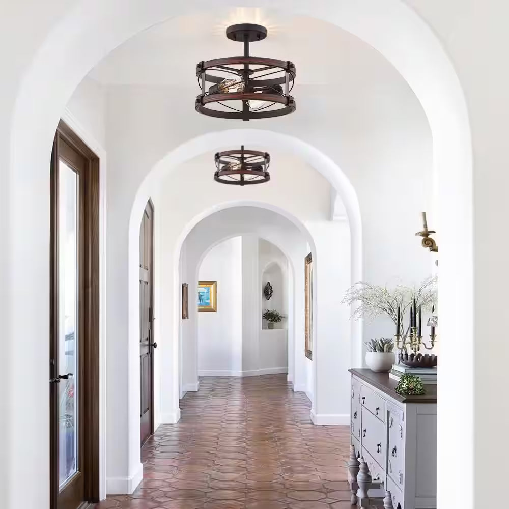 Richwood 15 In. 2-Light Black and Vintage Wood Rustic Semi-Flush Mount Ceiling Light