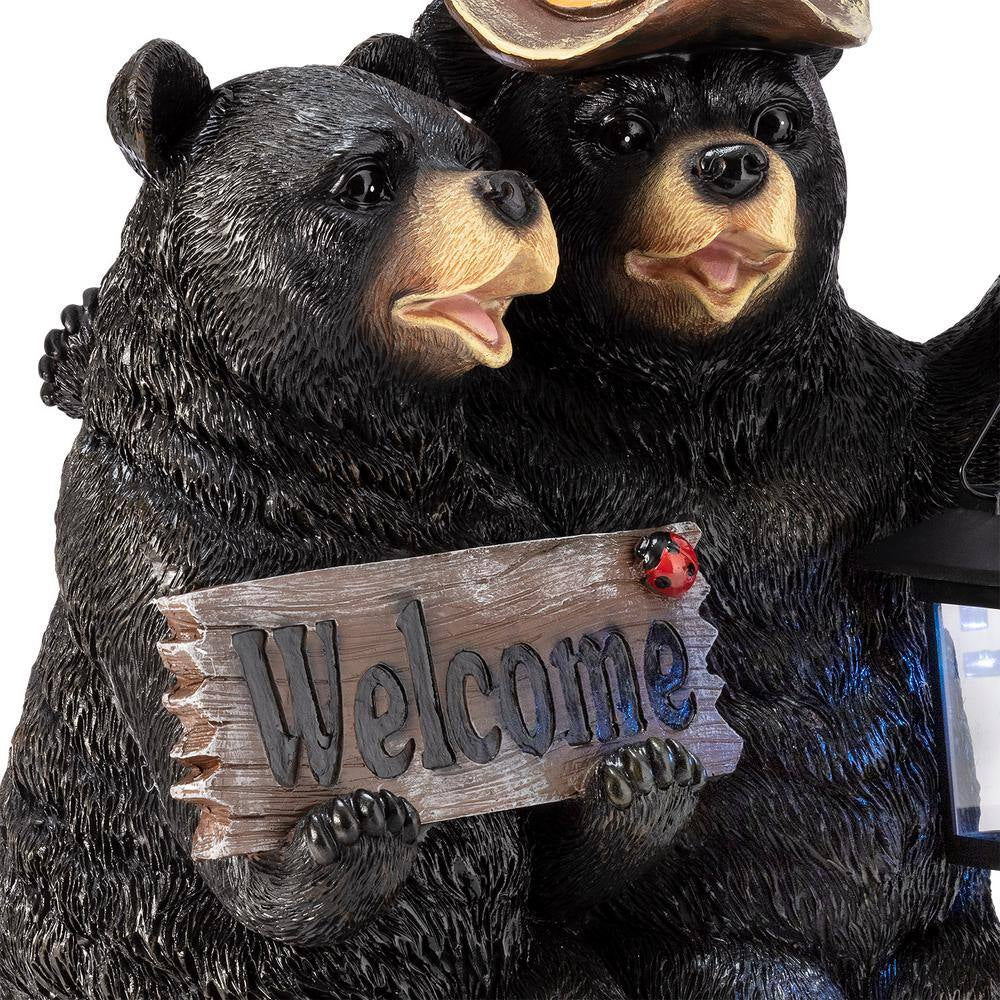 15 In. Tall Outdoor Bear Couple with Lantern and Welcome Sign Statue with Solar LED Light Yard Art Decoration