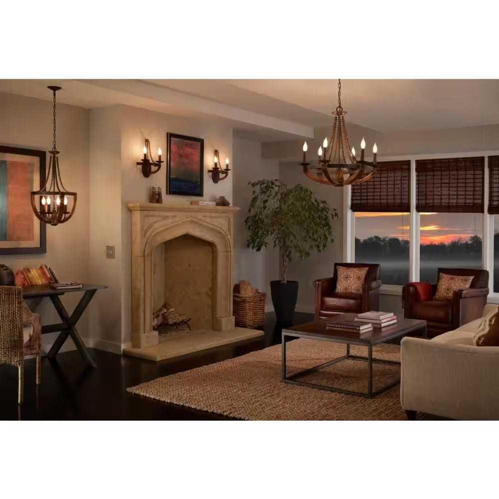 Adan 6-Light Rustic Iron/Burnished Wood Beaded Candlestick Hanging Chandelier with Carved Wood Bead Details