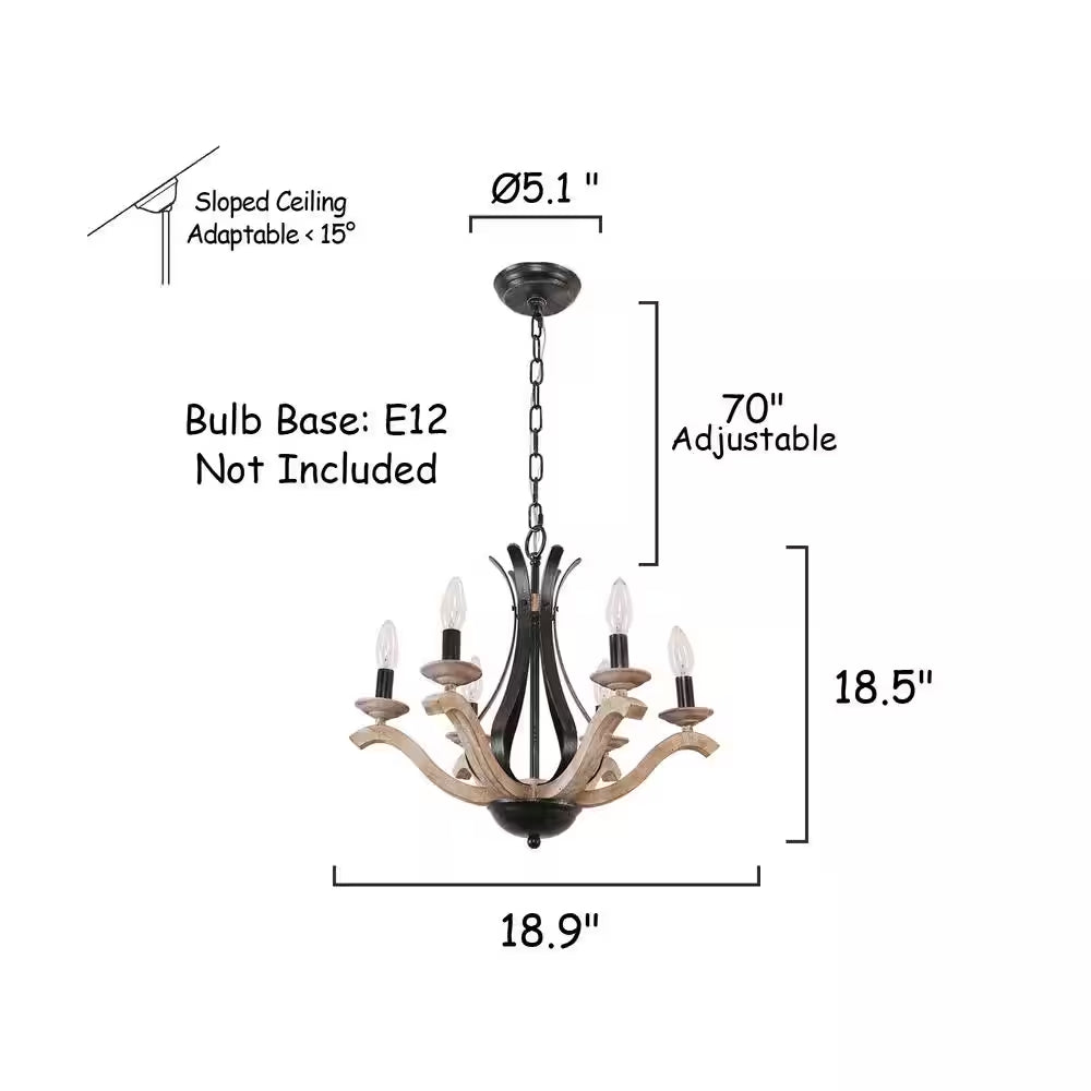 Farmhouse 5-Light Weathered Wood Cage Rustic Chandelier, Adjustable Height Industrial Pendant Dining Room Ceiling Light