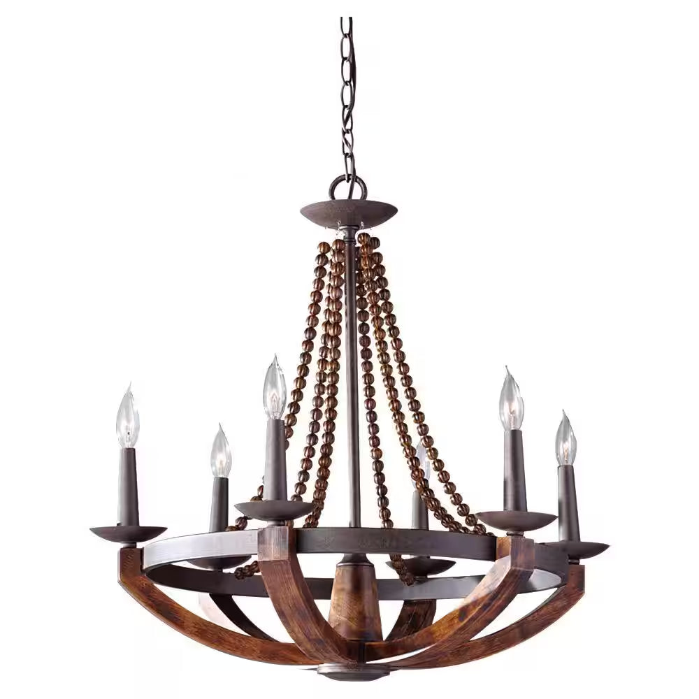 Adan 6-Light Rustic Iron/Burnished Wood Beaded Candlestick Hanging Chandelier with Carved Wood Bead Details
