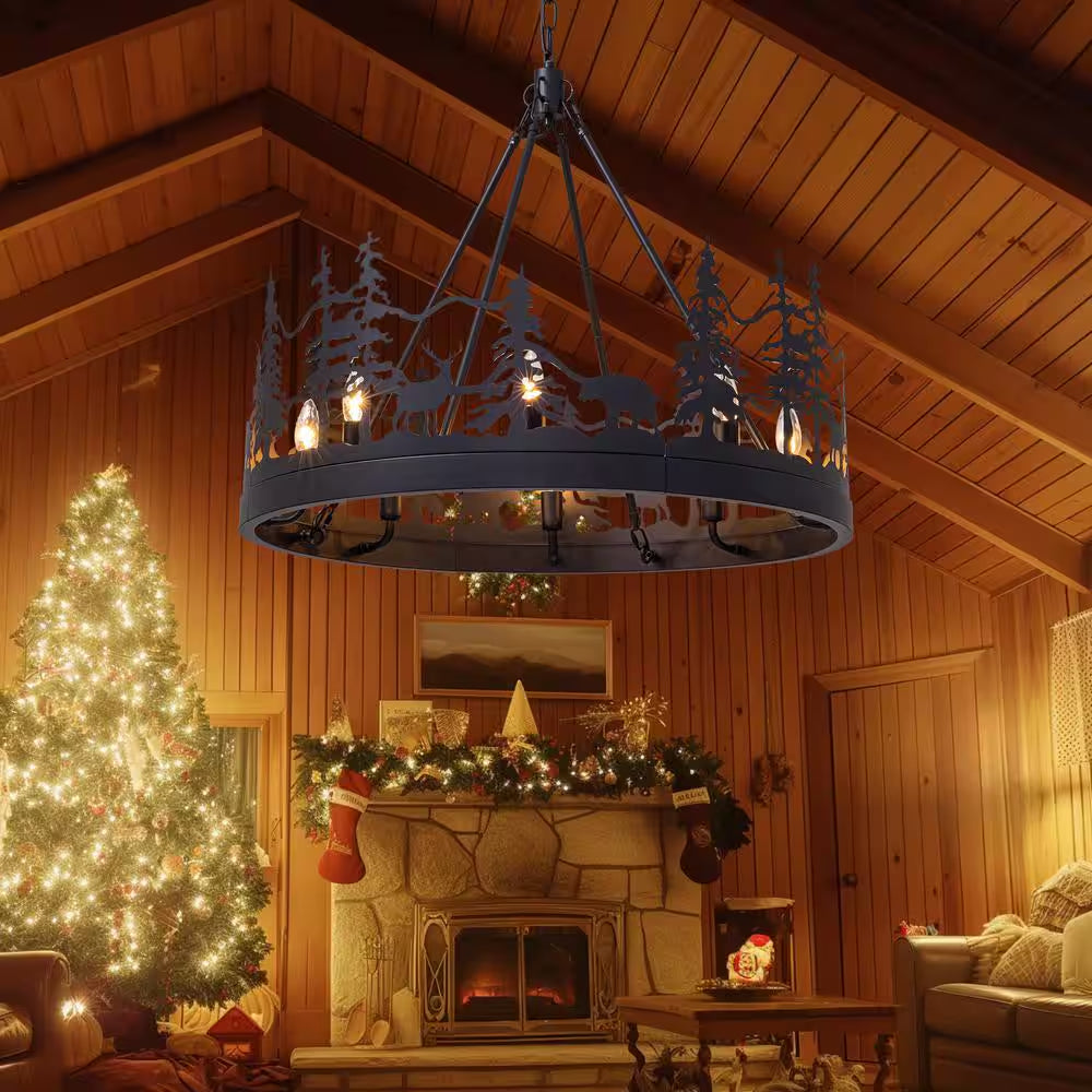Christmas-Themed 30 In. 8-Light Matte Black Farmhouse Chandelier Pendant with Moose and Forest Design for Kitchen Island