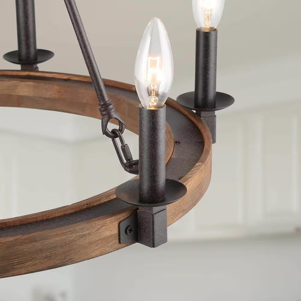 Farmhouse Wagon Wheel Chandelier, 6-Light Distressed Wood Circle Island Light, Rustic Bronze Dining Room Pendant Light